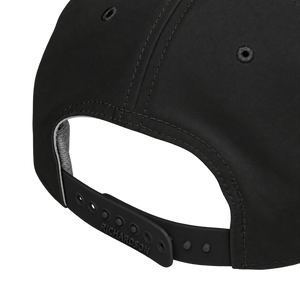 Richardson rope cap rear close-up showing stitching and adjustable snapback closure, with plain rear fabric. Transparent background.
