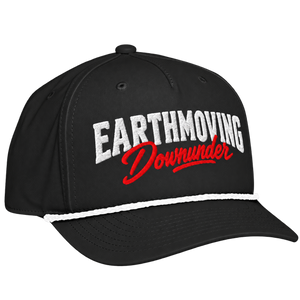 Earthmoving Downunder black Richardson rope cap, right-front view. Transparent background.