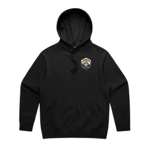 EMDU Skull Logo Oversize Hoodie in black — front chest artwork