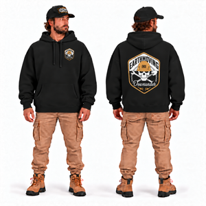 EMDU Skull Logo Oversize Hoodie in black — front and back model mockup
