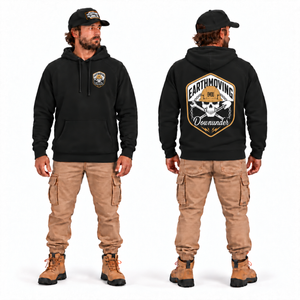 EMDU Skull Logo Premium Hoodie in black — front and back model mockup