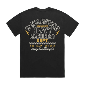 Heavy Machinery Dept. T-Shirt – Heavy Iron Filming Co. — AS Colour 5082, faded black, back; original Printbar stock image