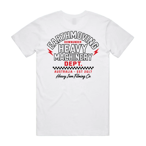 Heavy Machinery Dept. T-Shirt – Heavy Iron Filming Co. — AS Colour 5001, white, back; original Printbar stock image