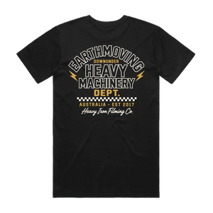 Heavy Machinery Dept. T-Shirt – Heavy Iron Filming Co. — AS Colour 5001, black, back; original Printbar stock image