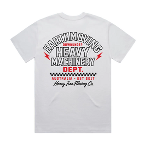 Heavy Machinery Dept. T-Shirt – Heavy Iron Filming Co. — AS Colour 5080, white, back; original Printbar stock image