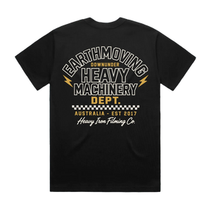 Heavy Machinery Dept. T-Shirt – Heavy Iron Filming Co. — AS Colour 5080, black, back; original Printbar stock image