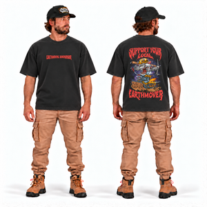Support Your Local Earthmover Tee — Oversize Fit Black with faded finish, front and back model mockup