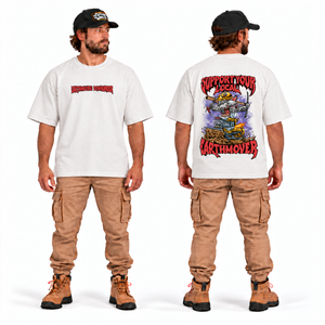 Support Your Local Earthmover Tee — Oversize Fit White with faded finish, front and back model mockup