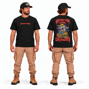 Support Your Local Earthmover Tee — Premium Fit Black, front and back model mockup