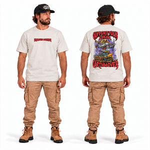 Support Your Local Earthmover Tee — Premium Fit White, front and back model mockup