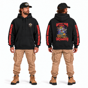 Support Your Local Earthmover VIP Oversize Hoodie in black — front and back model mockup