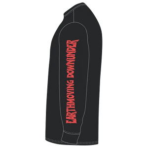 Support Your Local Earthmover VIP Premium Hoodie in black — actual left sleeve print reading cuff to shoulder