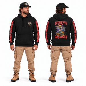 Support Your Local Earthmover VIP Premium Hoodie in black — front and back model mockup