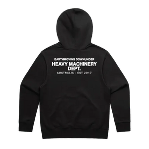 Heavy Machinery Dept. Vintage Design Oversize Hoodie in black — horizontal upper-back artwork