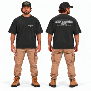 Heavy Machinery Dept. Vintage Tee — Oversize Fit Black with faded finish, front and back model mockup