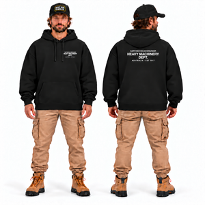Heavy Machinery Dept. Vintage Design Oversize Hoodie in black — front and back model mockup