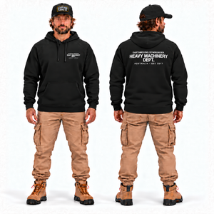 Heavy Machinery Dept. Vintage Design Premium Hoodie in black — front and back model mockup