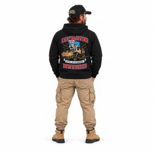 We Built The Land Downunder Aussie Pride Hoodie | Premium Australian Earthmoving Hoodie — Black on the EMDU model