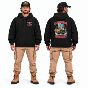 We Built the Land Downunder Oversize Hoodie in black — front and back model mockup