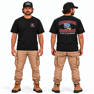 We Built the Land Down Under Tee — Premium Fit Black, front and back model mockup