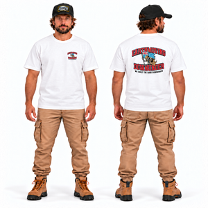 We Built the Land Down Under Tee — Premium Fit White, front and back model mockup