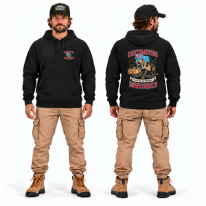 We Built the Land Downunder Premium Hoodie in black — front and back model mockup