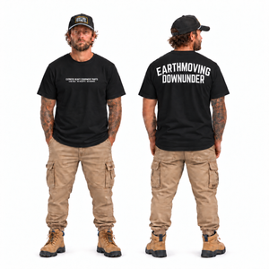 Express Parts black Staple Tee front and back model views, with front logo scaled and positioned to match the Print Bar production mockup