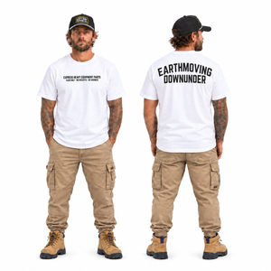 Express Heavy Equipment Parts Staple Tee in White, front and back model views with Heavy Iron snapback, cuffed work pants and work boots on white
