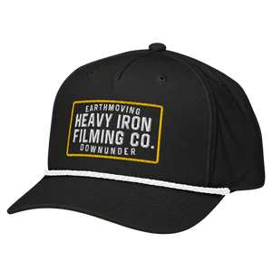 Black Heavy Iron embroidered SnapBack, left-front view showing the curved peak and white rope.