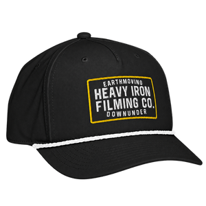Black Heavy Iron embroidered SnapBack, right-front view showing the white-and-gold logo.