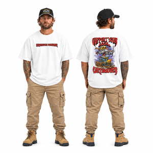 Heavy Oversize White, front and back on white background. Model wears Heavy Iron SnapBack, cuffed cargo work pants and tan work boots. Tee only; accessories sold separately.