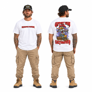 Staple Tee White, front and back on white background. Model wears Heavy Iron SnapBack, cuffed cargo work pants and tan work boots. Tee only; accessories sold separately.