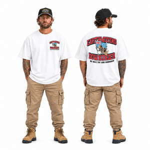 We Built the Land Down Under Tee, Heavy Oversize White, front and back on white background. Model wears Heavy Iron SnapBack, cuffed work pants and tan boots. Tee only.