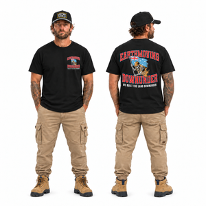 We Built the Land Down Under Tee, Staple Tee Black, front and back on white background. Model wears Heavy Iron SnapBack, cuffed work pants and tan boots. Tee only.