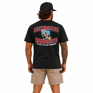 Black We Built the Land Downunder Staple Tee, back model view with Heavy Iron SnapBack. Hat sold separately.