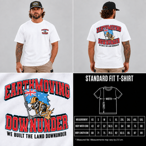 We Built the Land Downunder Staple Tee picture size guide: front and back model views with Heavy Iron SnapBack, print close-up and standard-fit measurements. Sizes XS, S, M, L, XL, 2XL, 3XL, 4XL, 5XL. Flat widths in cm: 43, 47, 52, 56.5, 61, 64, 68, 75, 80. Lengths in cm: 68, 71, 75, 78.5, 82, 83.5, 85, 87, 89. Measurements may vary by 2.5 cm.